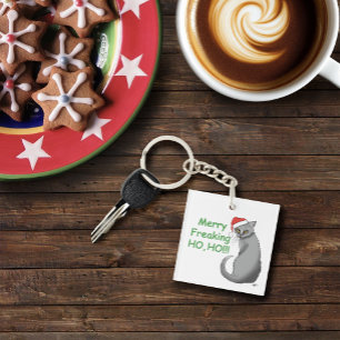Grappige Chagrijnige Kerstgrijze Kat Vakantie Humo Sleutelhanger