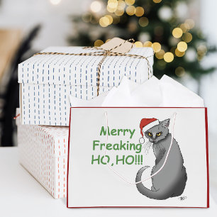 Grappige Chagrijnige Kerstmis Grijze Kat Vakantie Groot Cadeauzakje