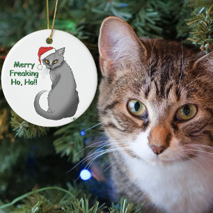 Grappige Chagrijnige Kerstmis Grijze Kat Vakantie Keramisch Ornament