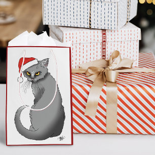 Grappige Chagrijnige Kerstmis Grijze Kat Vakantie Medium Cadeauzakje