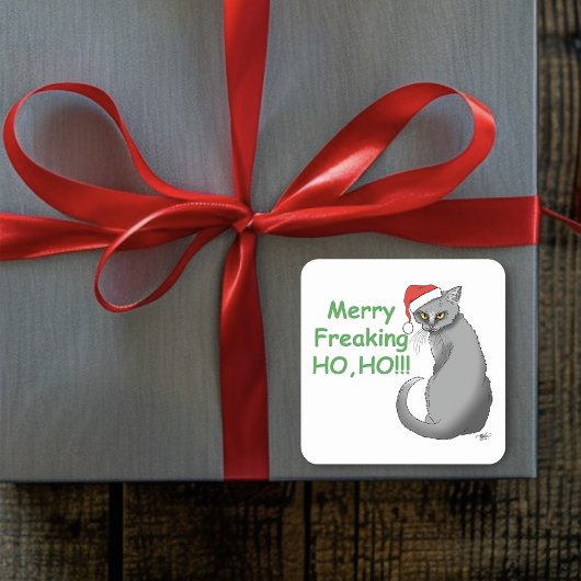 Grappige Chagrijnige Kerstmis Grijze Kat Vakantie Vierkante Sticker