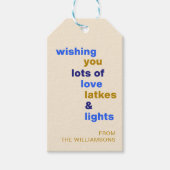 Grappige Chanoeka Love Latkes Lights Blauw Custom Cadeaulabel (Voorkant)