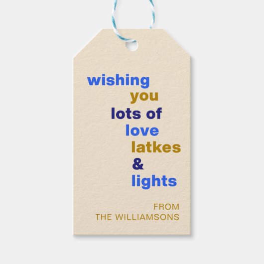 Grappige Chanoeka Love Latkes Lights Blauw Custom Cadeaulabel (Voorkant)