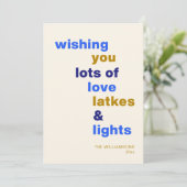Grappige Chanoeka Love Latkes Lights Blauw Custom Feestdagenkaart (Staand voorkant)