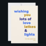Grappige Chanoeka Love Latkes Lights Blauw Custom Feestdagenkaart<br><div class="desc">Vier het Festival of Lights met een glimlach met behulp van deze grappige Chanoeka-vakantiekaart, met de speelse uitdrukking Love Lakes and Lights op een vrolijke blauwe achtergrond. en vol feestvreugde, deze kaart is ideaal voor het delen van vakantievreugde met een humoristische twist. Of je nu warme wensen naar familie of...</div>