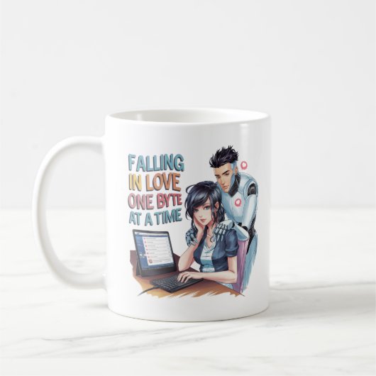 Grappige chatbot-metgezel AI-memes die verliefd wo Koffiemok (Links)