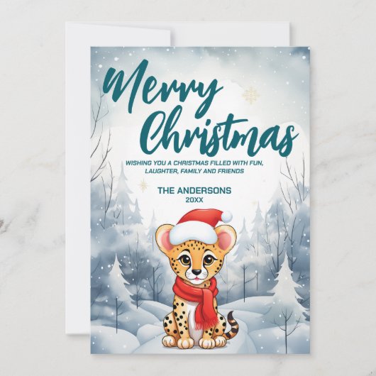 Grappige Cheetah Vrolijk Kerstboom sneeuw Vakantie Feestdagenkaart (Voorkant)