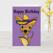 Grappige Chihuahua die de Cartoon van de Taco eten Kaart (Gele Bloem)