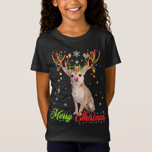 Grappige Chihuahua hond met gewei Vrolijk Kerstmis T-shirt (Voorkant)
