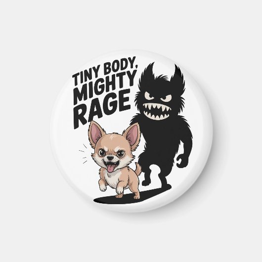 Grappige Chihuahua hond "Tiny Body, Mighty Rage" Magneet (Voorkant)