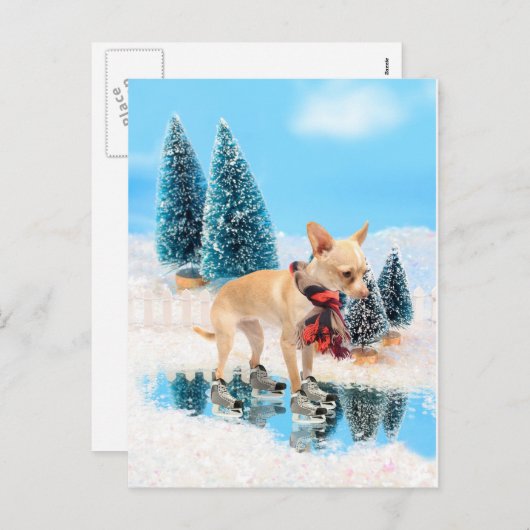 Grappige chihuahua met sjaal en schaatsen feestdagenkaart (Voorkant / Achterkant)