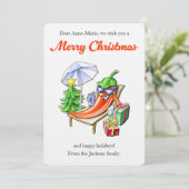 Grappige Chili op Strandstoel Persoonlijke Kerstmi Kaart (Staand voorkant)