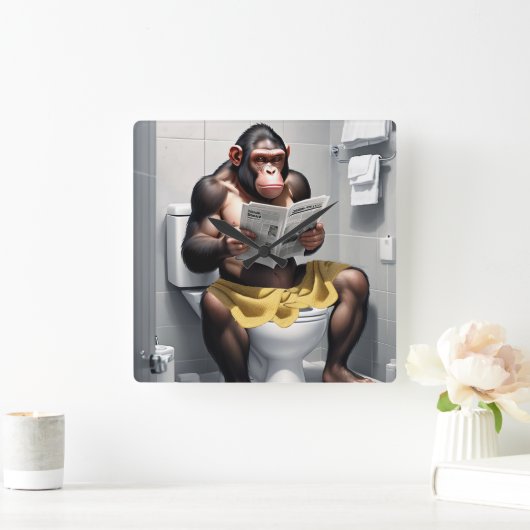 Grappige chimpansee op een wc-klok, vierkante klok (Huis)