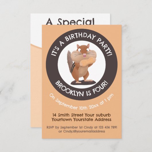 Grappige chipmunk gepersonaliseerde cartoon uitnod kaart (Voorkant / Achterkant)