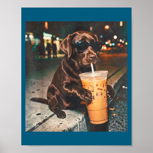 Grappige chocolade labrador die van ijskoude koffi poster (Voorkant)