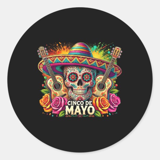 Grappige Cinco de Mayo skelet schedel Fiesta Sombr Ronde Sticker (Voorkant)