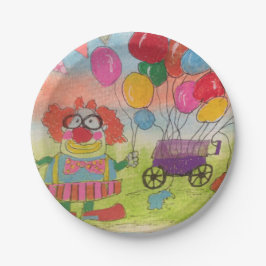 Grappige clown met ballonnen papieren bordje