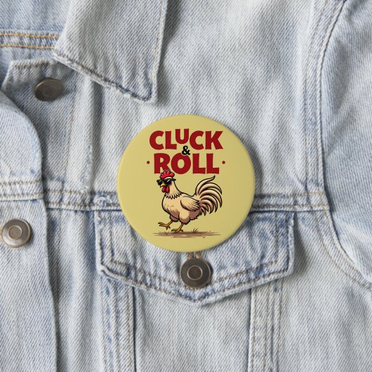Grappige "Cluck & Roll" Koele Haan Cartoon Ontwerp Ronde Button 7,6 Cm (In situ)