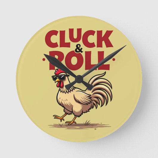 Grappige "Cluck & Roll" Koele Haan Cartoon Ontwerp Ronde Klok (Voorkant)