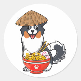 Grappige collie eet noedels ronde sticker