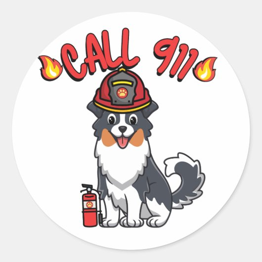 Grappige Collie hond is een brandweerman Ronde Sticker (Voorkant)