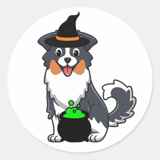 Grappige collie hond is een heks ronde sticker (Voorkant)
