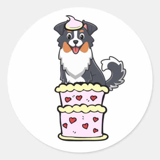 Grappige collie hond springen uit een taart ronde sticker (Voorkant)