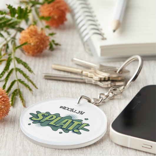 Grappige comic pop art splat typografie sleutelhanger (Voorkant Rechts)