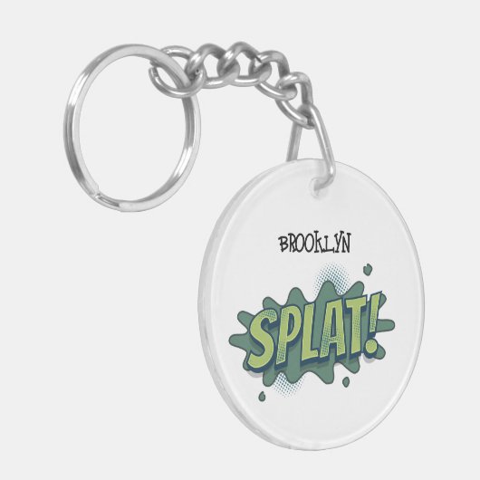 Grappige comic pop art splat typografie sleutelhanger (Voorkant Links)