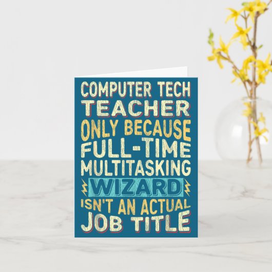 Grappige computertechnologie leraar multitasking t kaart (Gele Bloem)