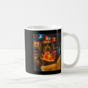 Grappige coole dachshond met pizzapunt meme eten koffiemok