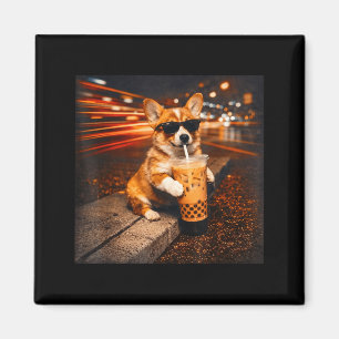 Grappige corgi die ijskoude koffie drinkt schattig magneet