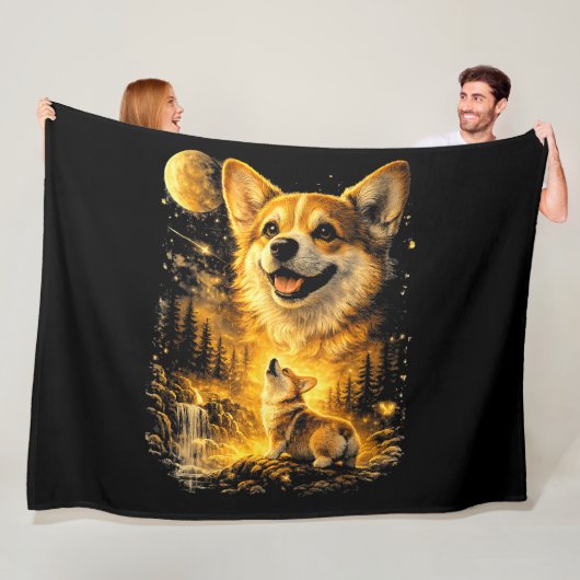 grappige corgi die naar de maan huilt fleece deken (In situ)