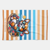 Grappige Corgi Dog Poker speler op vakantie Theedoek (Horizontaal)