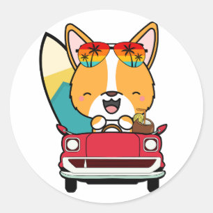 Grappige Corgi Dog rijdt naar het strand Ronde Sticker