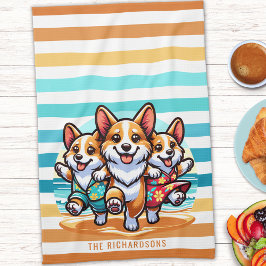 Grappige Corgi Dogs gepersonaliseerde  kustlijn Theedoek