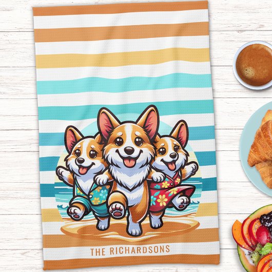 Grappige Corgi Dogs gepersonaliseerde  kustlijn Theedoek