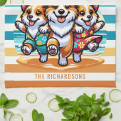 Grappige Corgi Dogs gepersonaliseerde  kustlijn Theedoek (Gevouwen)