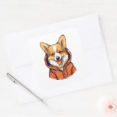 Grappige Corgi Draag Hoodie Vierkante Sticker (Envelop)