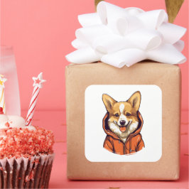 Grappige Corgi Draag Hoodie Vierkante Sticker