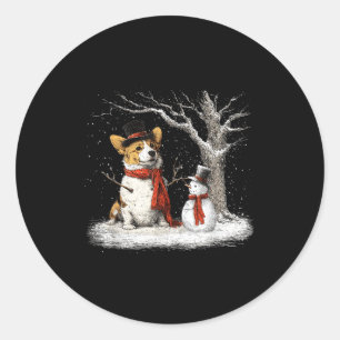 Grappige Corgi Hond In De Sneeuw Boom Kerst Winter Ronde Sticker