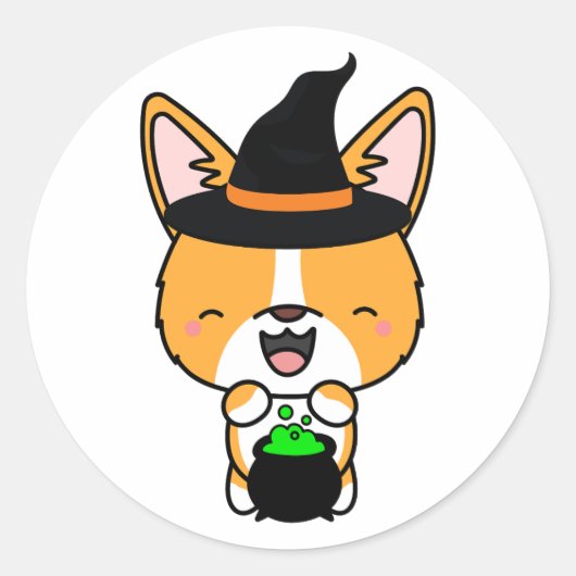 Grappige corgi hond is een heks ronde sticker (Voorkant)