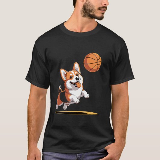 Grappige Corgi Speelt Basketbal Slam Dunk T-shirt (Voorkant)