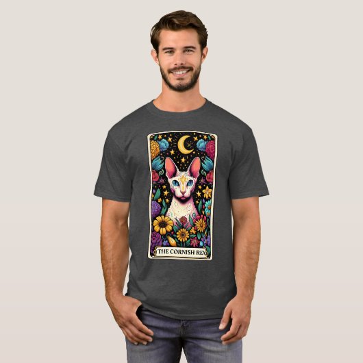 Grappige Cornish Rex Cat Tarot Kaart T-shirt (Voorkant volledig)