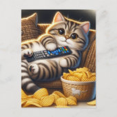 Grappige Couch Potato Cat Remote en Chips Briefkaart (Voorkant)