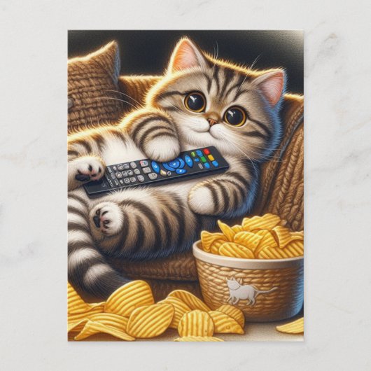Grappige Couch Potato Cat Remote en Chips Briefkaart (Voorkant)