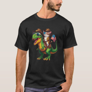 Grappige Cowboy Kat rijdt op Dinosaurus USA Vlag T T-shirt