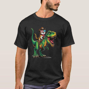 Grappige Cowboy Kat rijdt op Dinosaurus USA Vlag T T-shirt