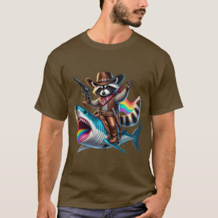 Grappige  Cowboy Raccoon Shark Rainbow Art T-shirt