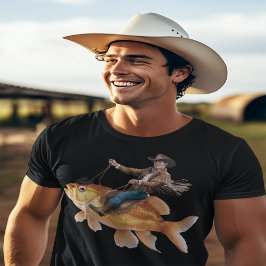 Grappige cowboy rijden op een vis t-shirt
